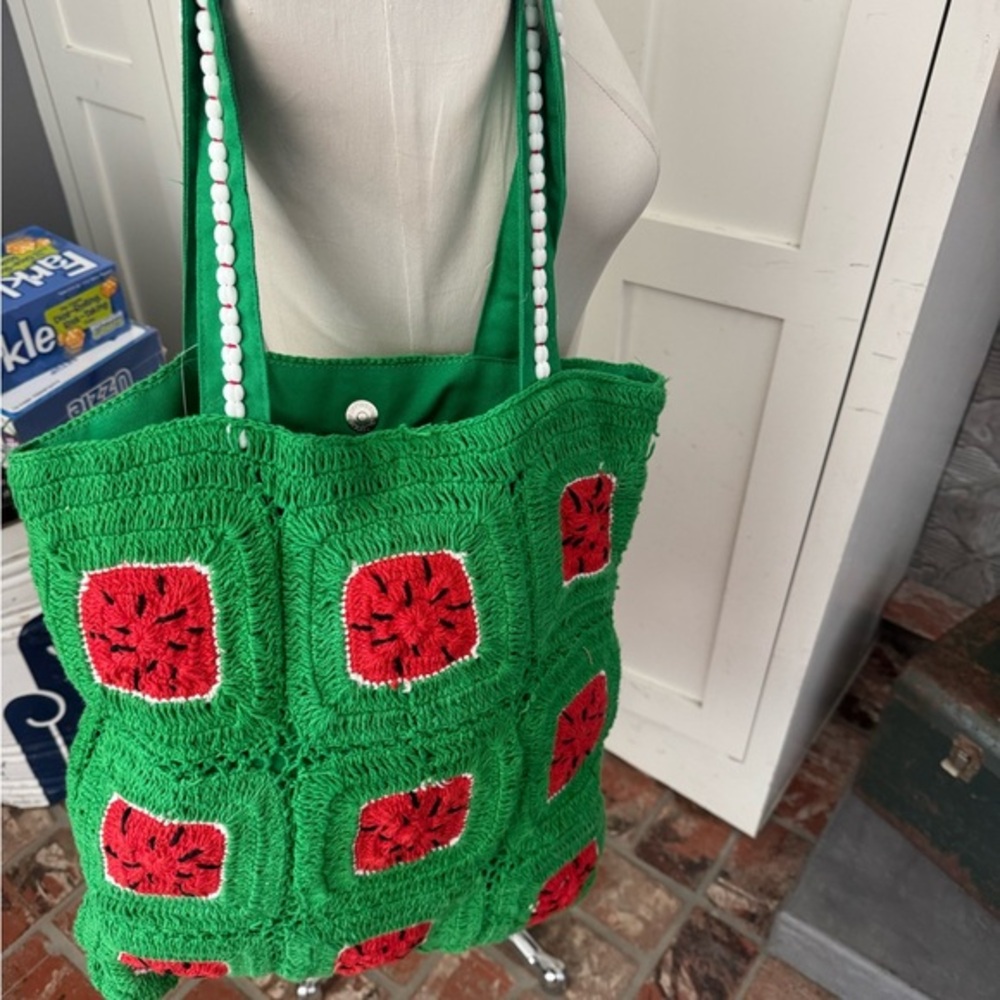 Handcrafted Green&Red Crochet”watermelon” Tote Bag- snap closure lined w pocket🍉